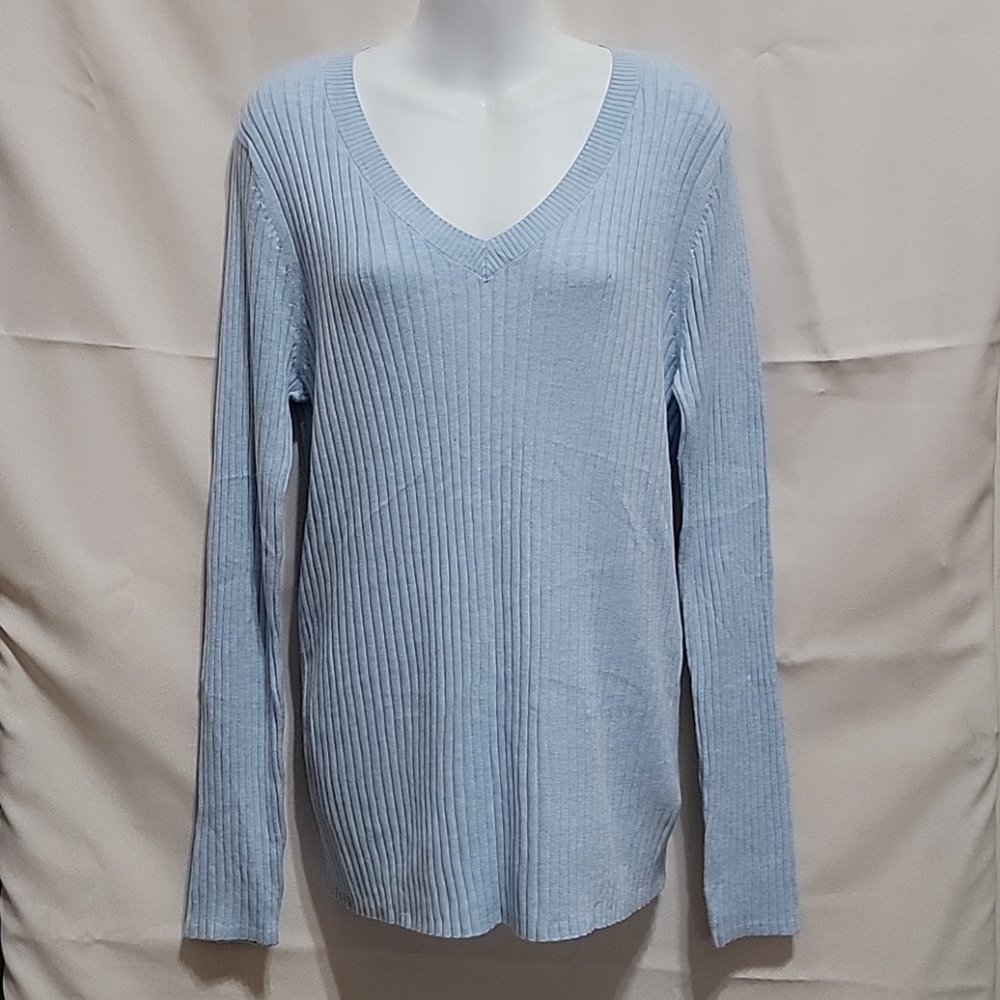 SONOMA women lightweight ribbed cotton blend April Sky blue V-neck sweater XL